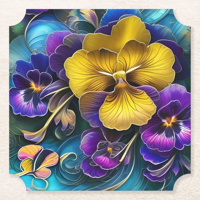 Gold and Purple Pansy Patch Paper Coaster (Front)
