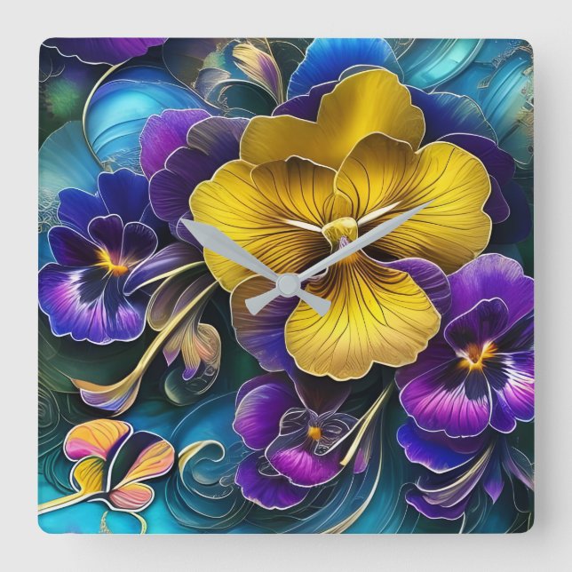 Gold and Purple Pansy Patch Square Wall Clock (Front)