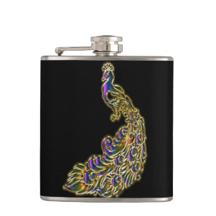 Gold and purple peacock glimmering brightly hip flask