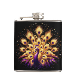 Gold and purple peacock glimmering brightly hip flask