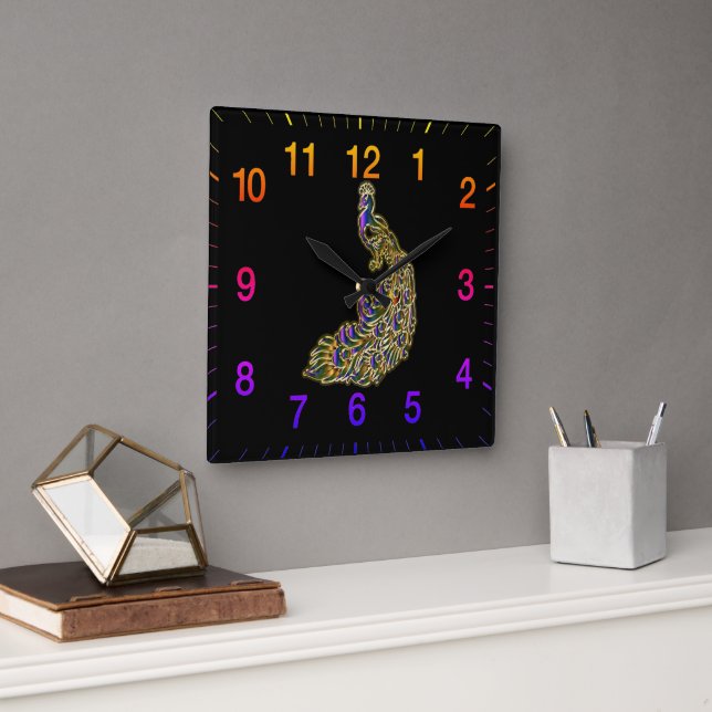Gold and purple peacock glimmering brightly square wall clock (Office)