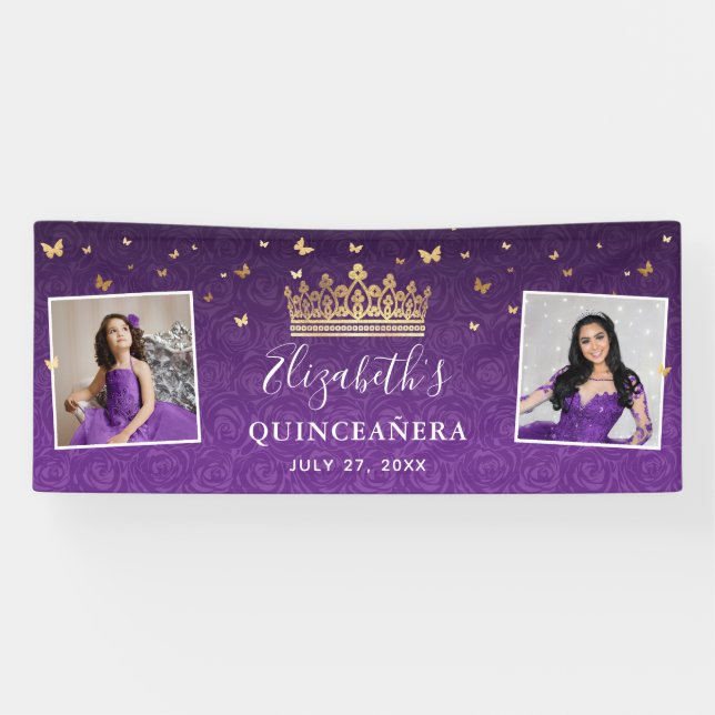 Gold and Purple Roses 2 Photo Birthday Quinceanera Banner (Horizontal)