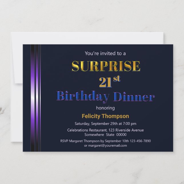 Gold and Purple Surprise 21st Birthday Dinner Invitation (Front)