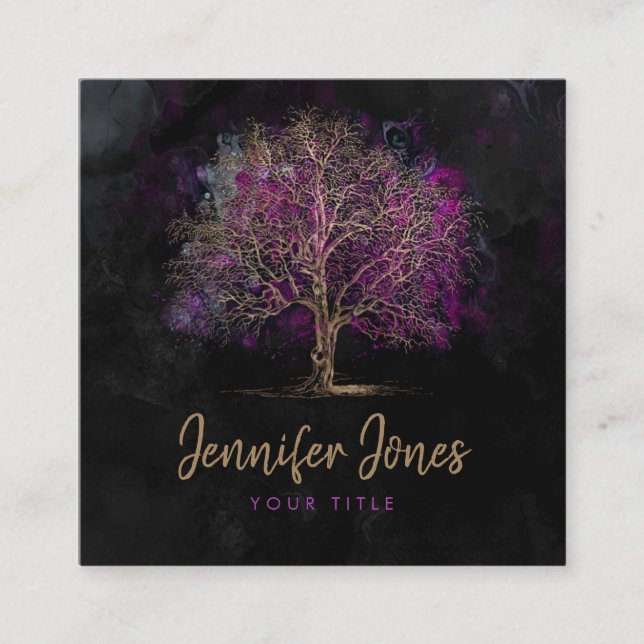 Gold and Purple Watercolor Tree Square Business Card (Front)