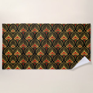 Gold and red Art Deco pattern on black Beach Towel