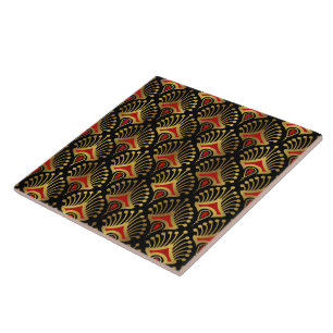 Gold and red Art Deco pattern on black Ceramic Tile