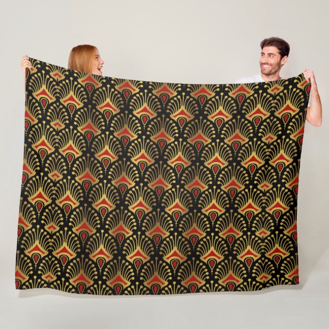 Gold and red Art Deco pattern on black Fleece Blanket (In Situ)