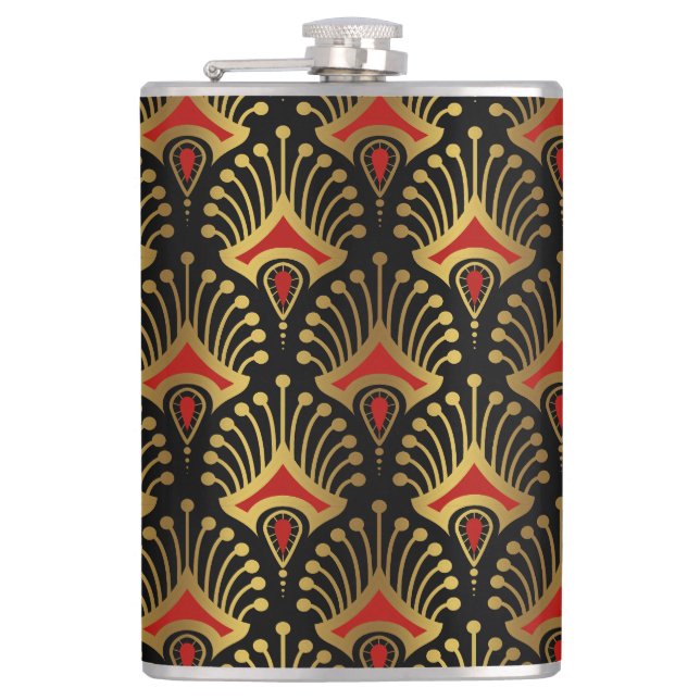 Gold and red Art Deco pattern on black Hip Flask (Front)