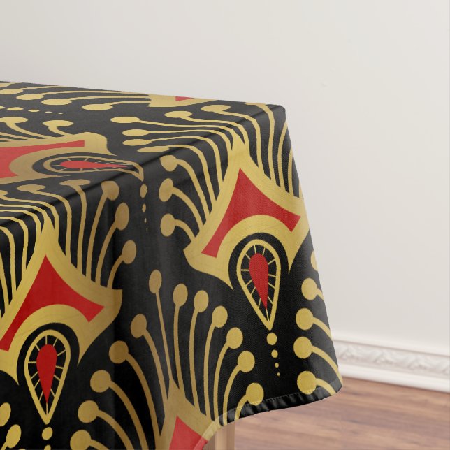 Gold and red Art Deco pattern on black Short Tablecloth (In Situ)