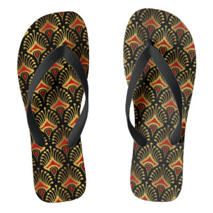 Gold and red Art Deco pattern on black Thongs