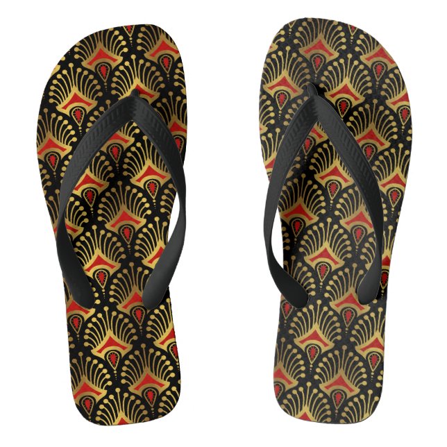 Gold and red Art Deco pattern on black Thongs (Footbed)