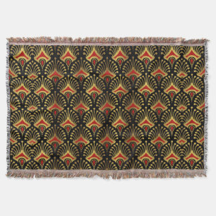 Gold and red Art Deco pattern on black Throw Blanket