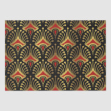 Gold and red Art Deco pattern on black Tissue Paper