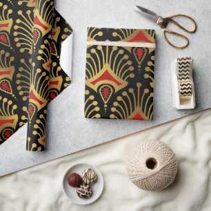 Gold and red Art Deco pattern on black Wrapping Paper
