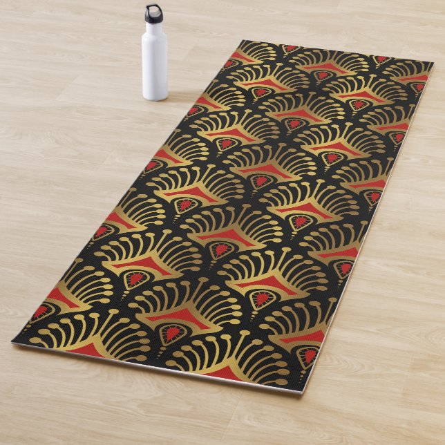 Gold and red Art Deco pattern on black Yoga Mat (In Situ)