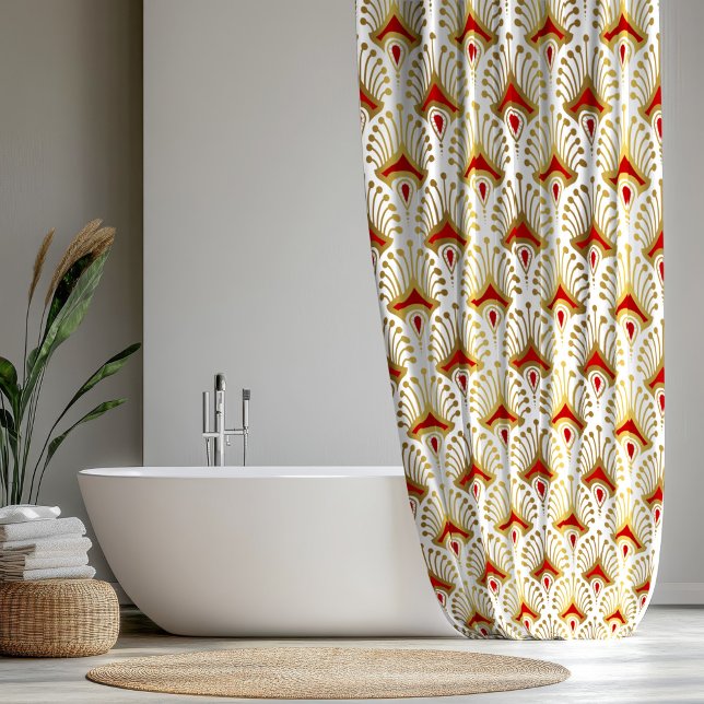 Gold and Red Art Deco pattern on White Shower Curtain (Creator Uploaded)