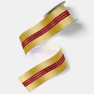 Gold and Red Background Shiny Silver Stripes Satin Ribbon