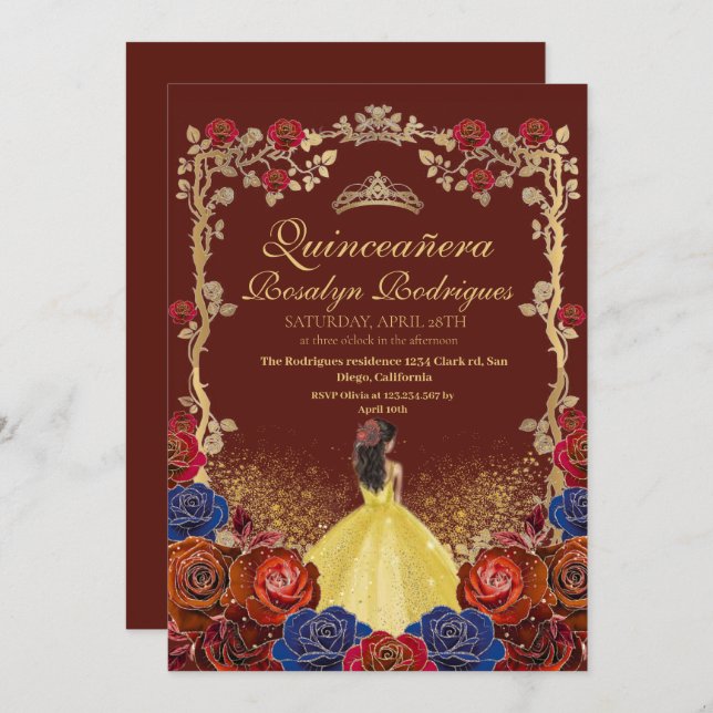 Gold and Red Burgundy Quinceanera Beauty and best  Invitation (Front/Back)