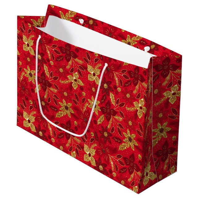 Gold and Red Christmas Poinsettia Flowers Large Gift Bag (Front Angled)