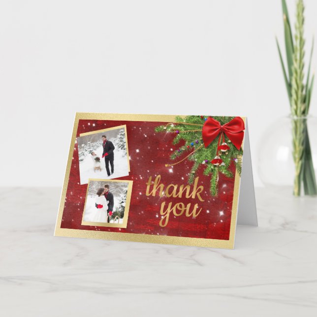 Gold and Red Christmas Wedding Photo Thank You Card (Front)