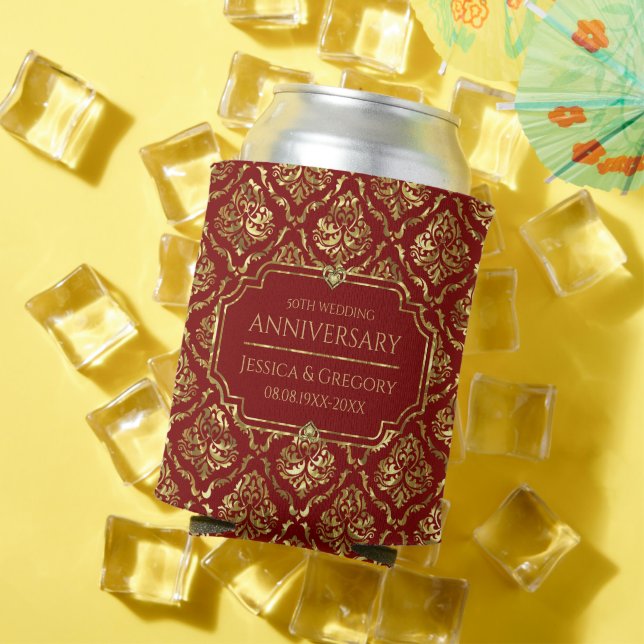 Gold and Red Damask 50th Wedding Anniversary Can Cooler (In Situ Summer)