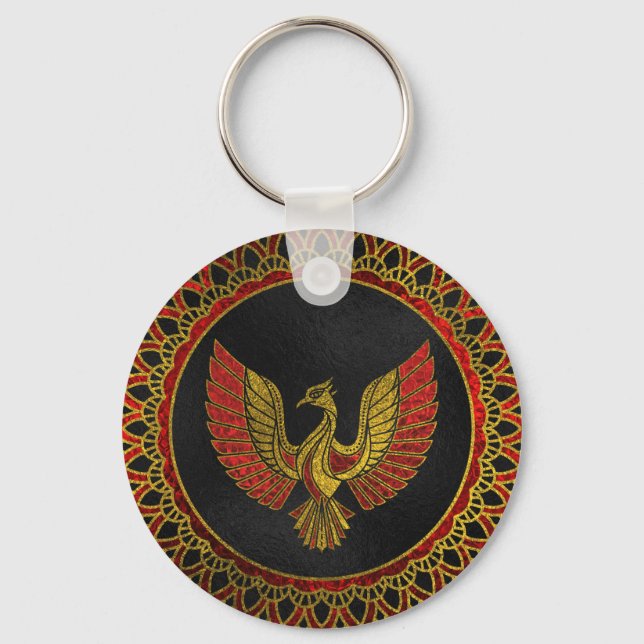 Gold and red Decorated Phoenix bird symbol Key Ring (Front)