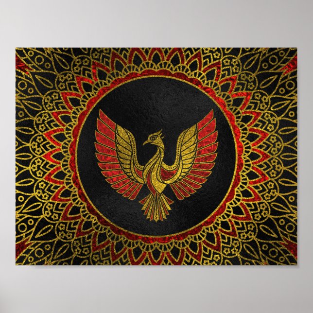 Gold and red Decorated Phoenix bird symbol Poster (Front)