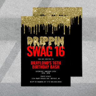 Gold and Red Drippin Swag 16 Birthday Invitation