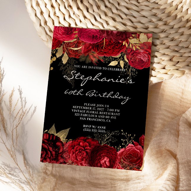 Gold and Red Floral 60th Birthday Black and White Invitation (Create your own red and gold floral glam invite.)