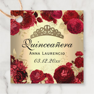 Gold And Red Floral Roses Quinceanera Party Favour Tags