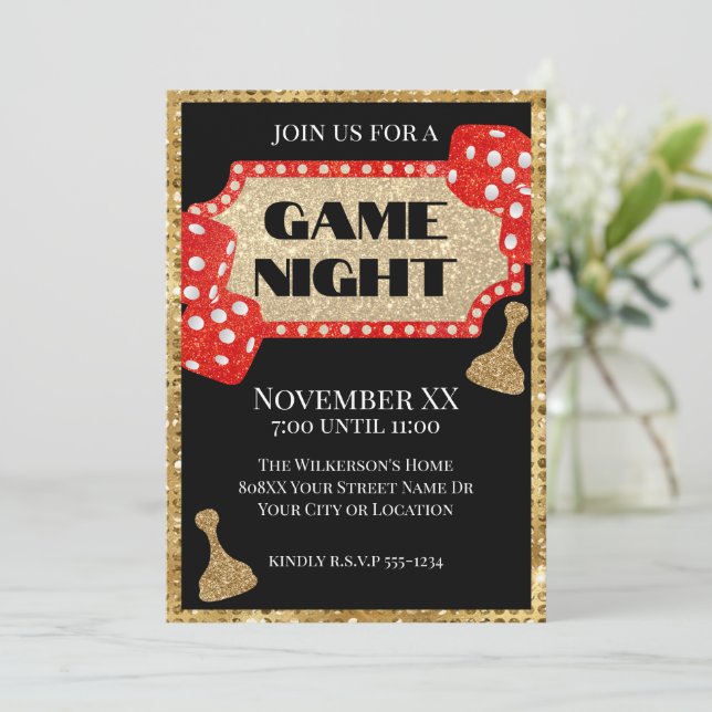 Gold and Red Glitter Board Game Night on Black Invitation (Standing Front)