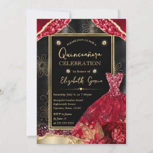 Gold and Red Glitter Dress Quinceanera Invitation