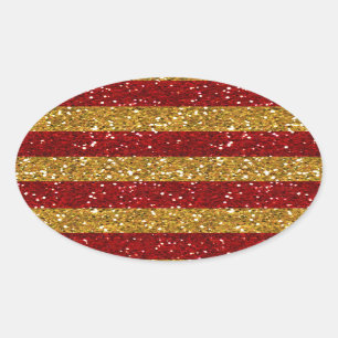Gold and Red Glitter Stripes Printed Oval Sticker