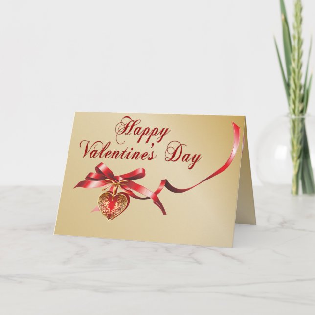 Gold and Red Heart Locket Valentine Card (Front)