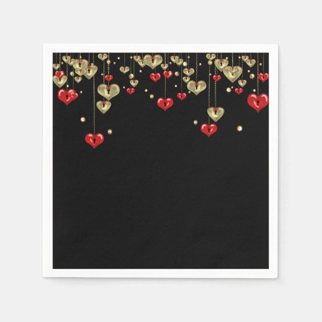 Gold and red hearts on black background napkin (Front)