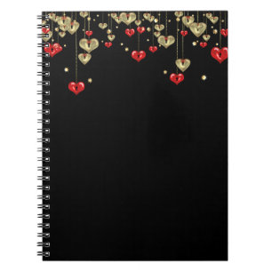 Gold and red hearts on black background notebook
