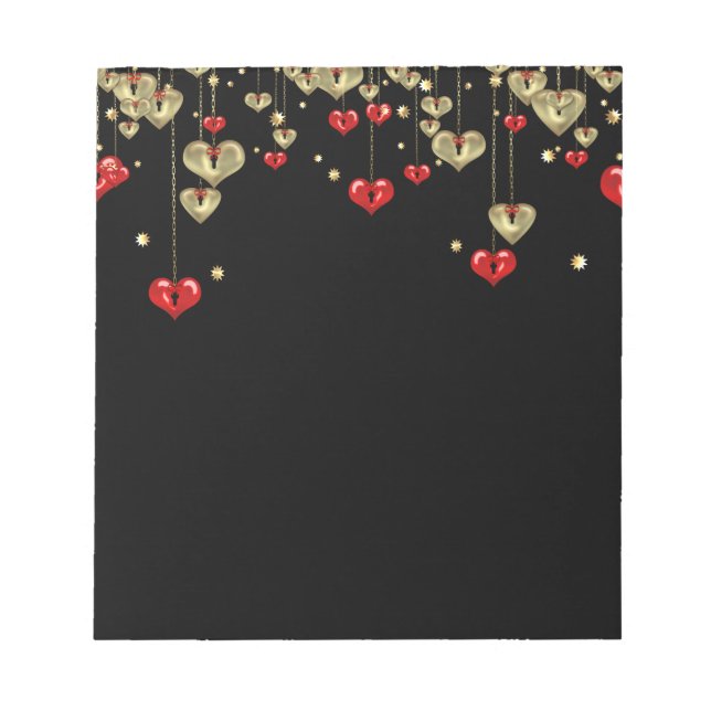 Gold and red hearts on black background notepad (Front)