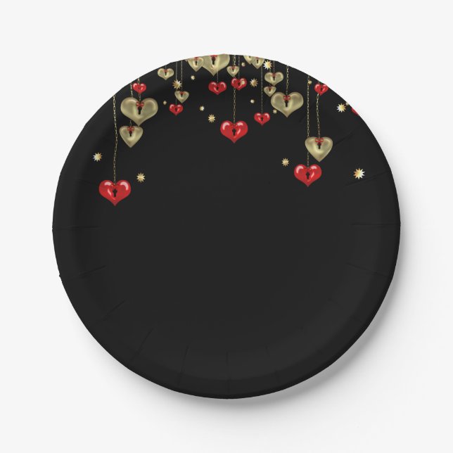 Gold and red hearts on black background paper plate (Front)