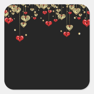 Gold and red hearts on black background square sticker