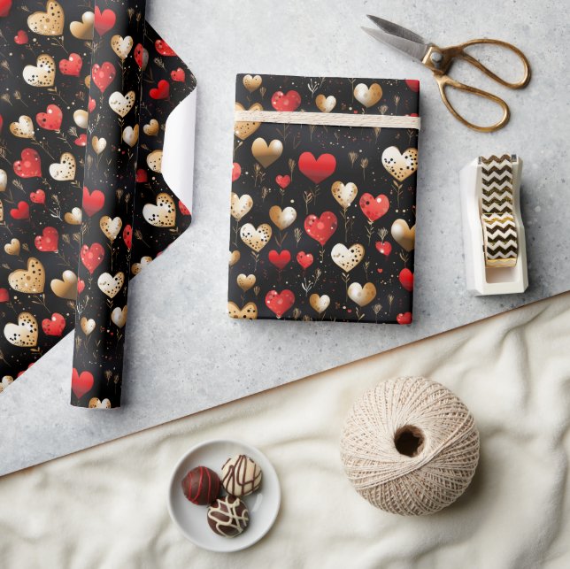 Gold and Red Hearts on Black Luxury Wrapping Paper (Crafts)