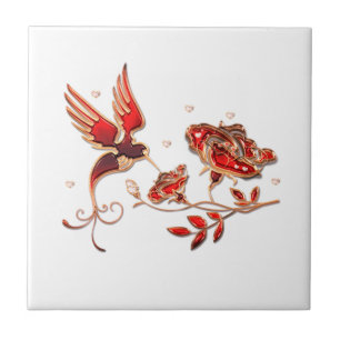 Gold and Red Jewel Bird and Rose Ceramic Tile