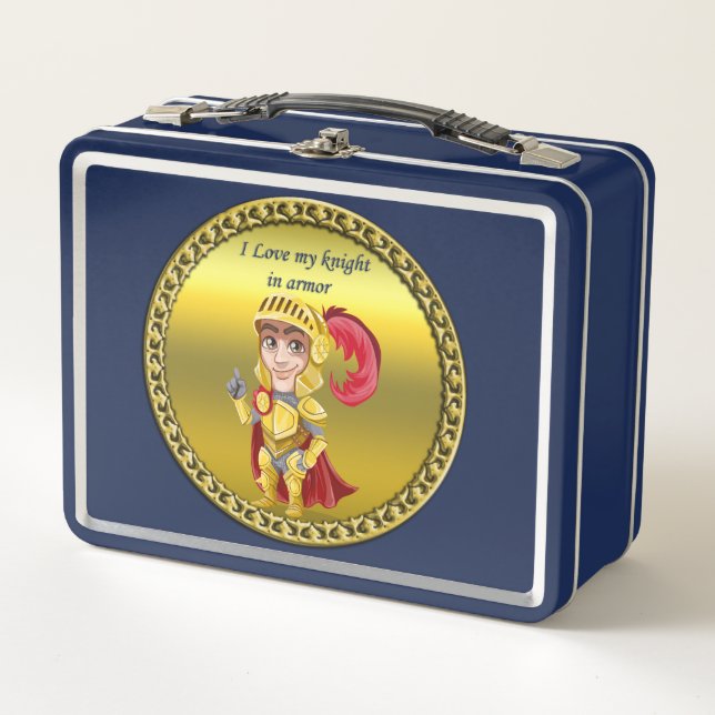 Gold and red knight in his armour and helmet metal lunch box (Front)