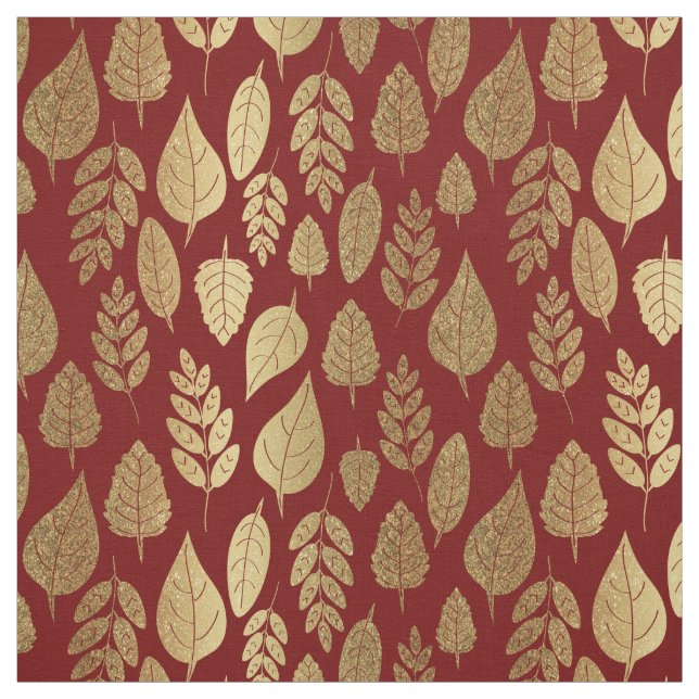 Gold and Red Leaf Pattern Fabric (Swatch)