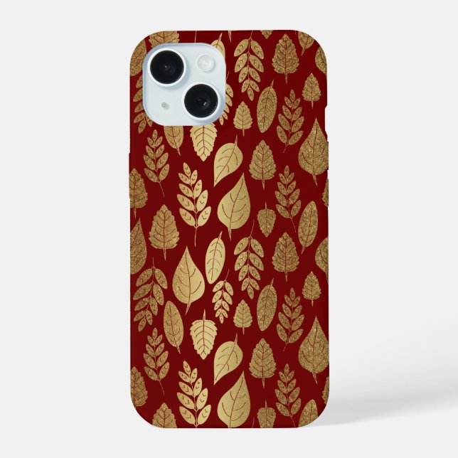 Gold and Red Leaf Pattern iPhone 15 Case (Back)