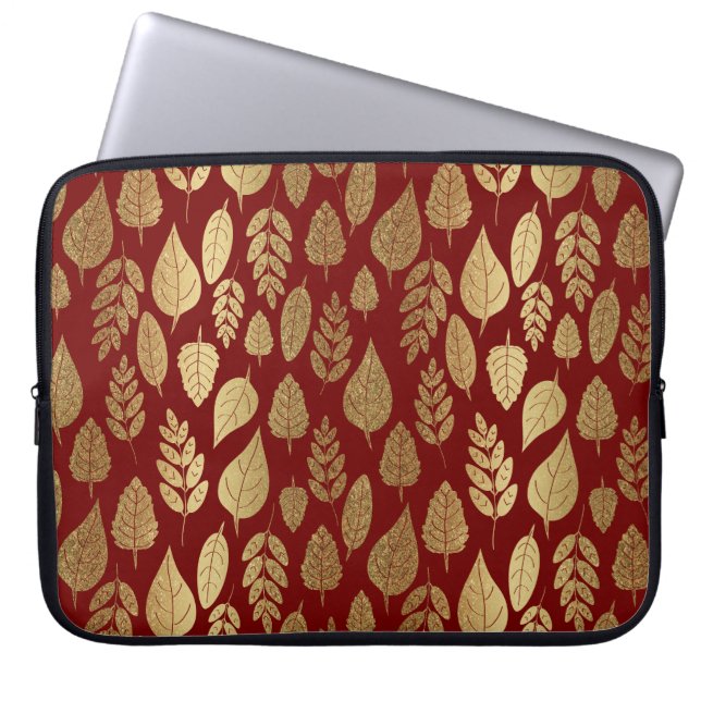 Gold and Red Leaf Pattern Laptop Sleeve (Front)