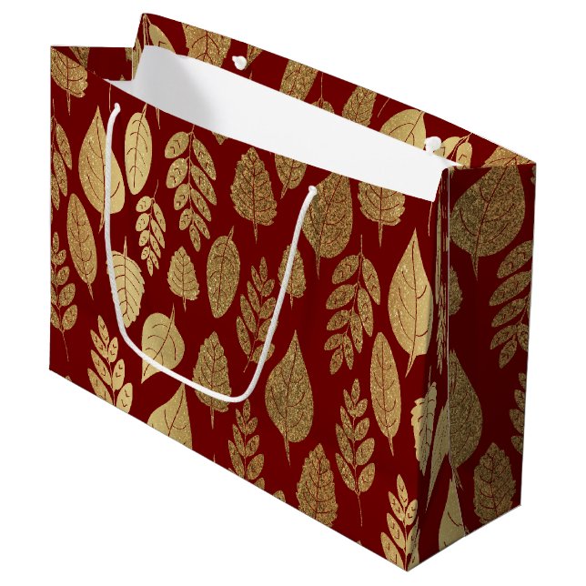 Gold and Red Leaf Pattern Large Gift Bag (Front Angled)