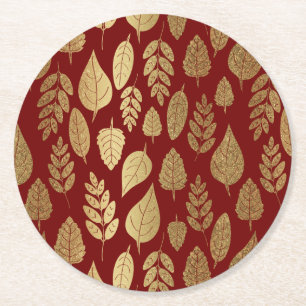 Gold and Red Leaf Pattern Round Paper Coaster