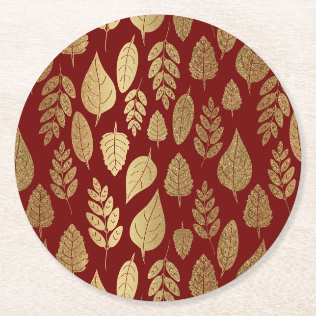 Gold and Red Leaf Pattern Round Paper Coaster (Front)