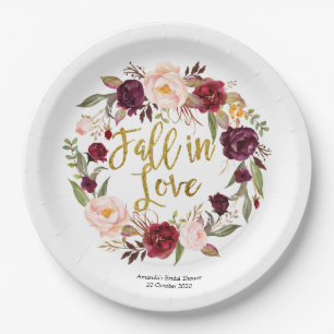 Gold and Red Marsala Floral Fall in Love Paper Plate