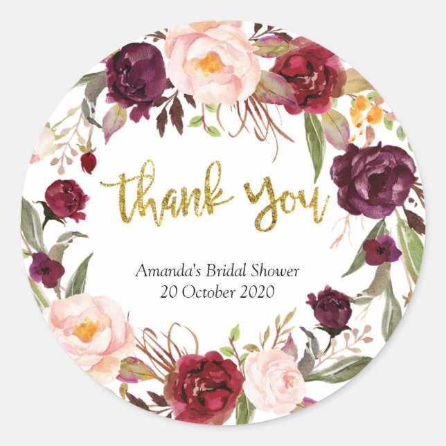 Gold and Red Marsala Floral Thank You Sticker (Front)